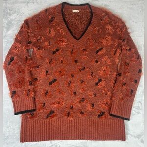 Faux Mohair Cheetah Print Sweater Womens Large Orange Black V‎ Neck Heavy Chunky